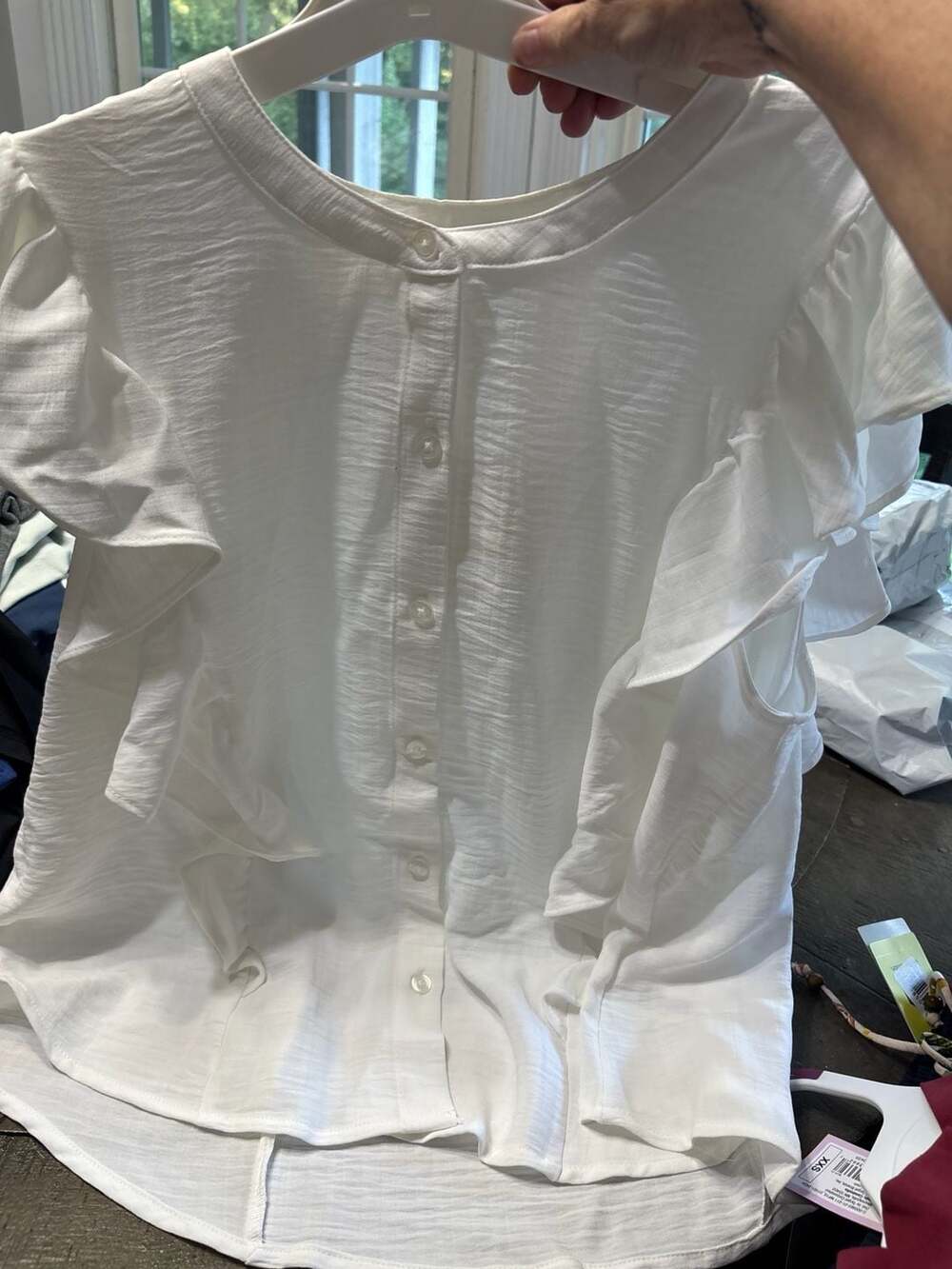 A New Day Women's White Ruffle Short Sleeve Button-Up Top Size XL